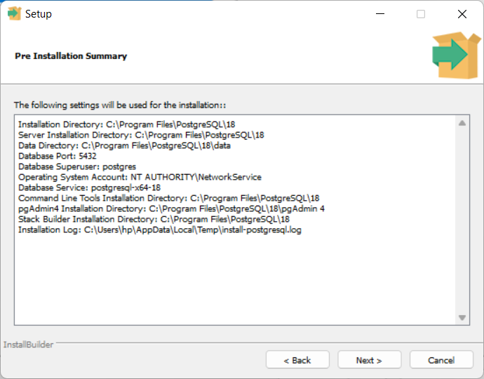 PostgreSQL installation summary Windows