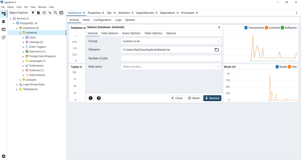 Restore Database dvdrental in PostgreSQL Using pgAdmin Restore Database Wizard