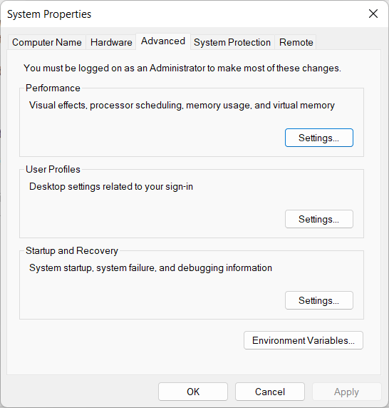 When the Environment Variables window opens, it displays two distinct areas one labeled User variables (specific to your Windows account) and another called System variables 