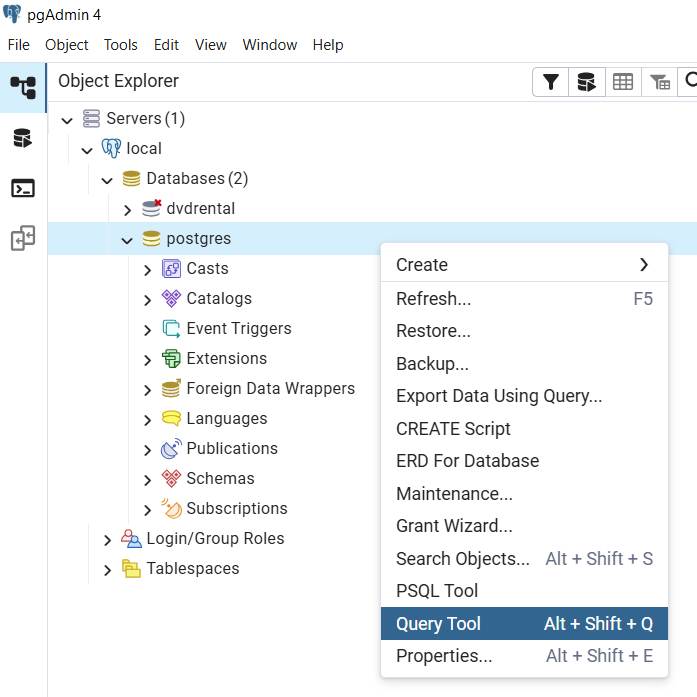 Open Query Tool in PostgreSQL Database Server to Query Database