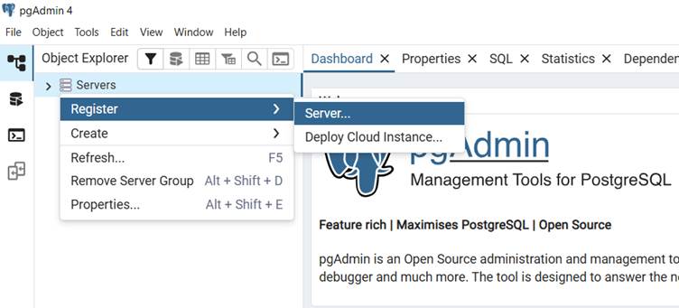 Register a new database server in PostgreSQL Using pgAdmin 4