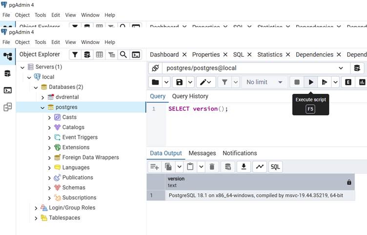 Run SQL Queries in Query Tool in pgAdmin Type SQL commands in the editor and click Execute
