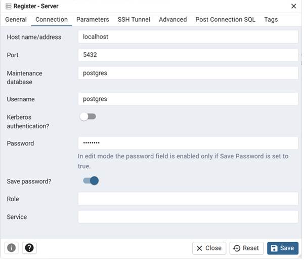 Setting Connection, Host name, Port, Maintenance database, Username, Kerberos authentication, Password