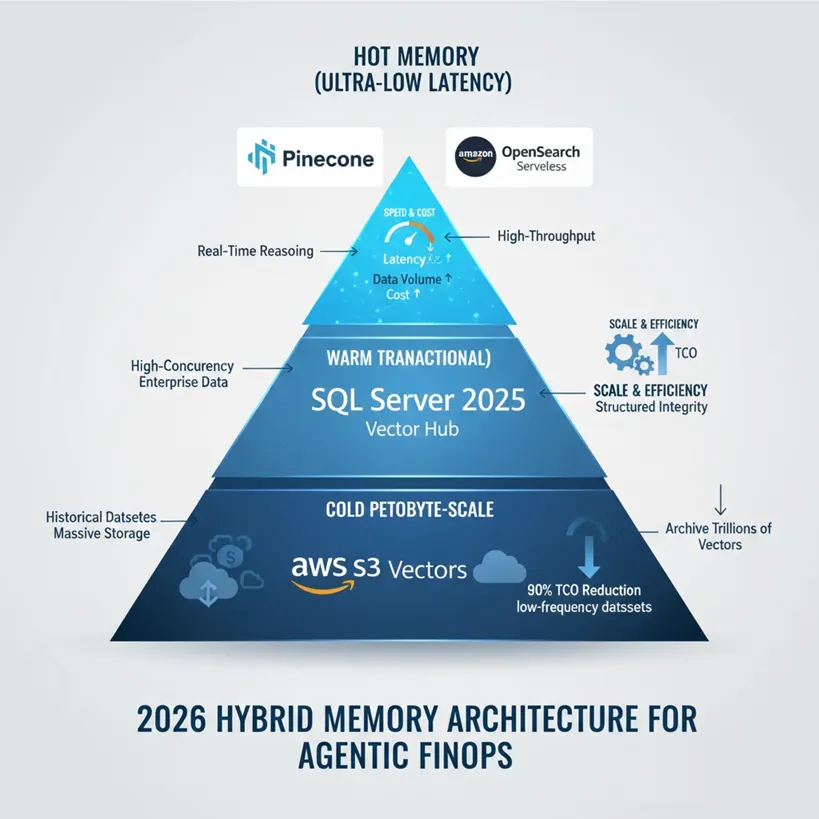 Architectural 3-layer pyramid showing Hot Memory (Pinecone), Warm Memory (SQL Server 2025 Vector Hub), and Cold Memory (AWS S3 Vectors).