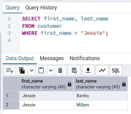pgAdmin Output of PostgreSQL WHERE Clause with Equality Condition to Filter Rows