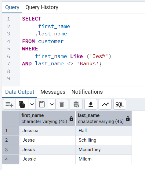 pgAdmin Query Tool Output of PostgreSQL WHERE Clause Excluding Values Using NOT EQUAL Operator
