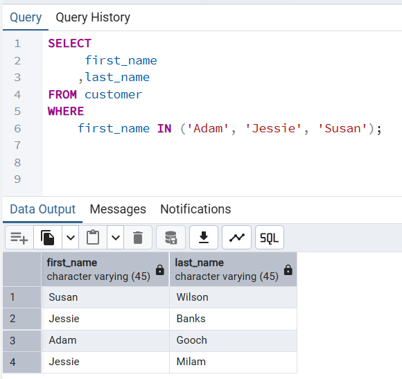 pgAdmin Query Tool Output of PostgreSQL WHERE Clause Using IN Operator to Match Multiple Values