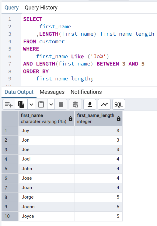 pgAdmin Query Tool Output of PostgreSQL WHERE Clause with BETWEEN Operator for Range Filtering