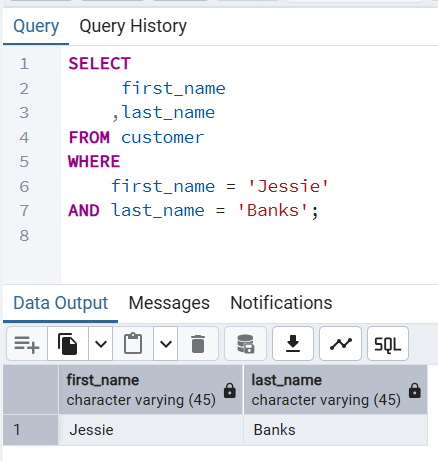 pgAdmin Query Tool Output of PostgreSQL WHERE Clause with Multiple Conditions Using AND Operator