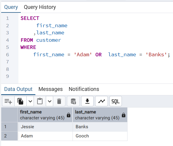 pgAdmin Query Tool Output of PostgreSQL WHERE Clause with OR Operator for Alternative Matches