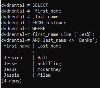 psql Command Line Output of PostgreSQL WHERE Clause Excluding Values Using NOT EQUAL Operator