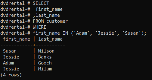 psql Command Line Output of PostgreSQL WHERE Clause Using IN Operator to Match Multiple Values