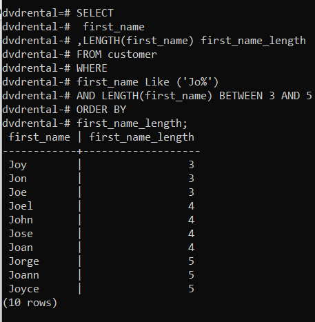 psql Command Line Output of PostgreSQL WHERE Clause with BETWEEN Operator for Range Filtering