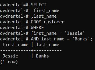 psql Command Line Output of PostgreSQL WHERE Clause with Multiple Conditions Using AND Operator
