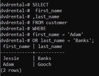 psql Command Line Output of PostgreSQL WHERE Clause with OR Operator for Alternative Matches