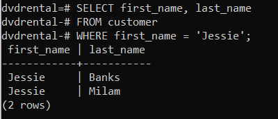 psql command line Output of PostgreSQL WHERE Clause with Equality Condition to Filter Rows